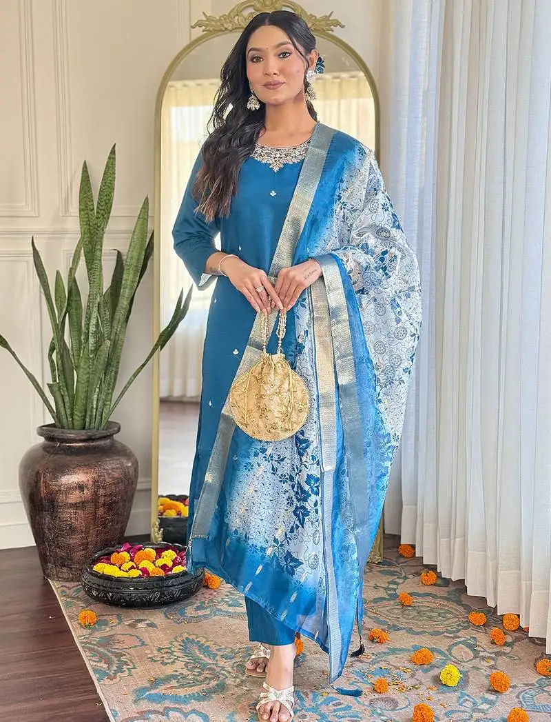 Blue roman silk heavy thread embroidery work with printed dupatta kurta pant set