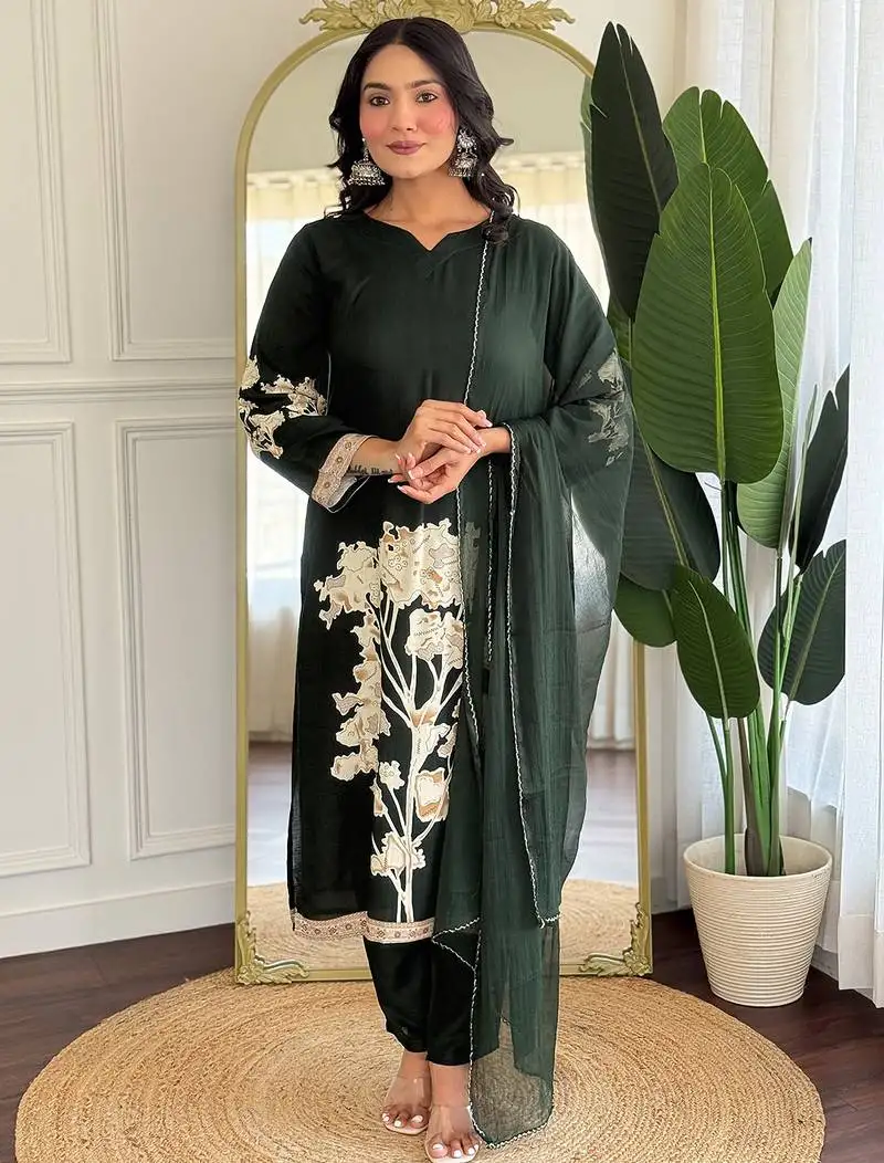 Dark green pure viscose rayon printed kurta pant set