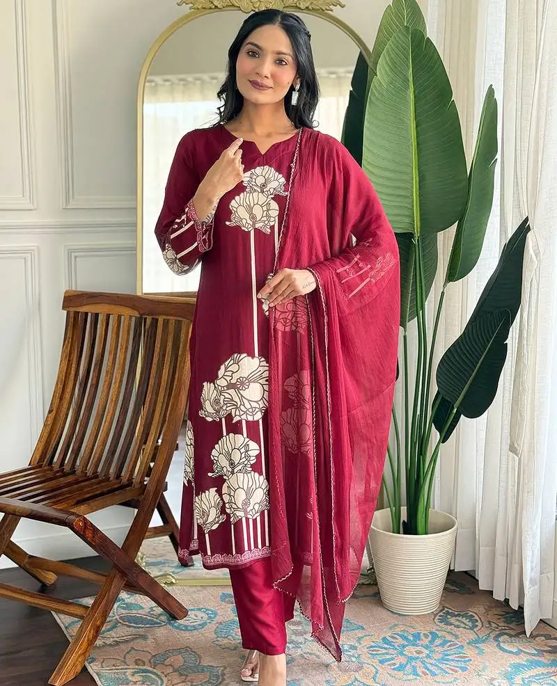 Maroon pure viscose rayon printed kurta pant set