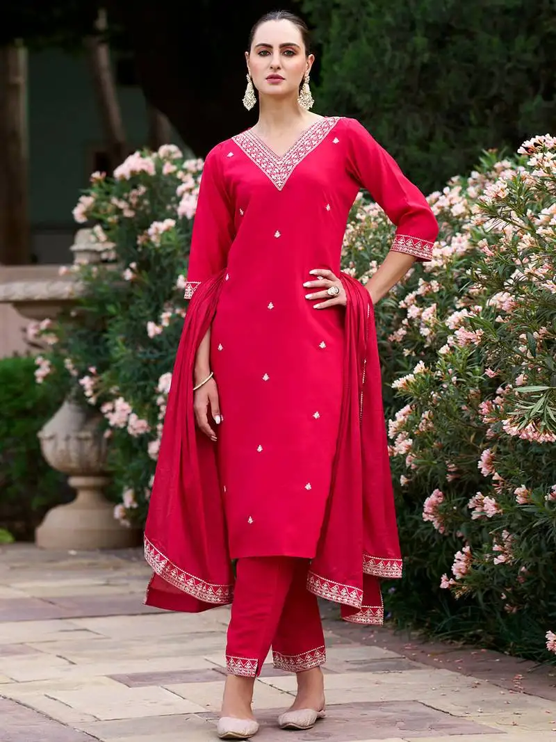 Red rayon slub heavy thread embroidery work kurta pant set