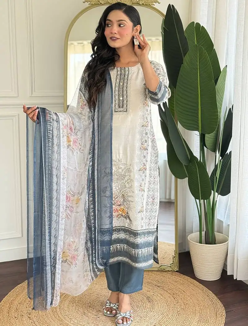 Off white viscose modal print with hand work kurta pant set