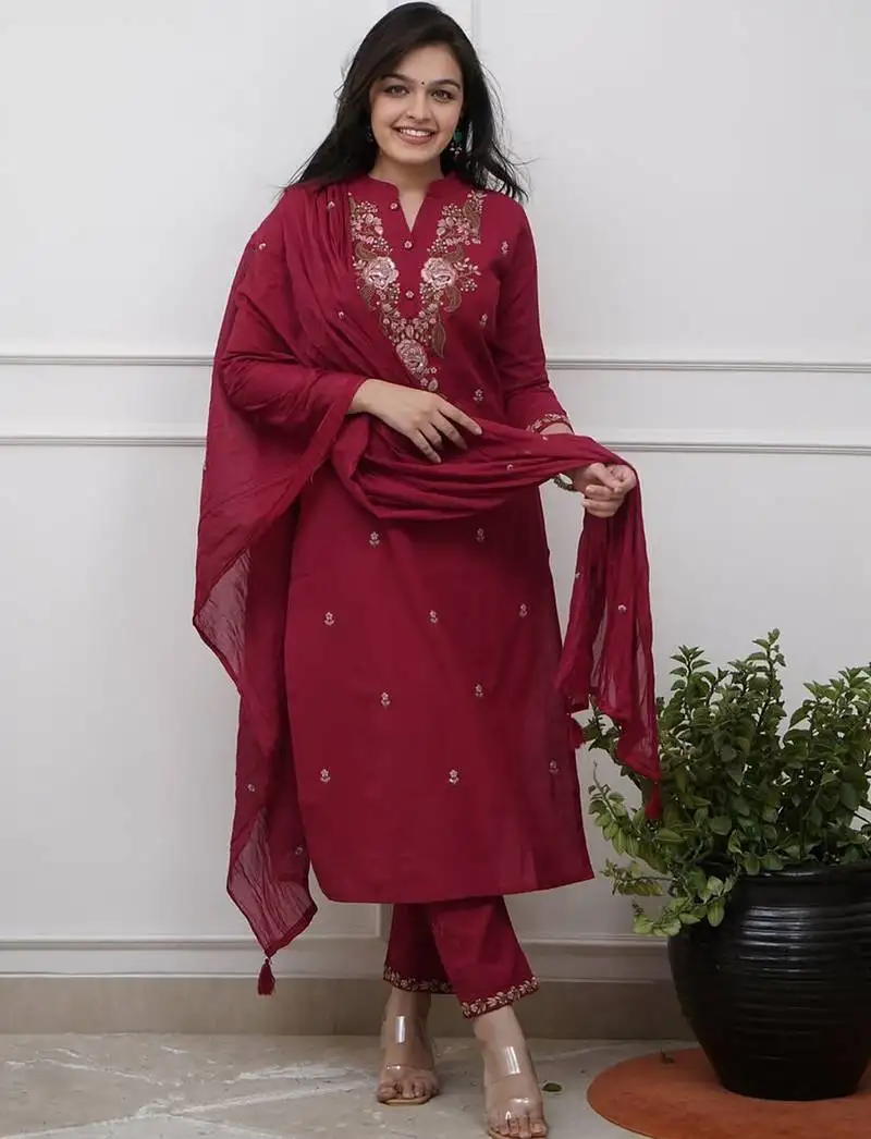 Maroon rayon heavy thread embroidery work kurta pant set