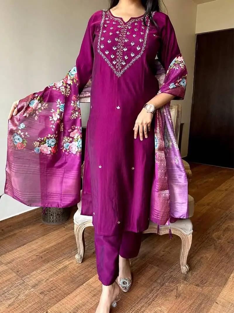 Burgundy rayon heavy thread embroidery work with printed dupatta kurta pant set