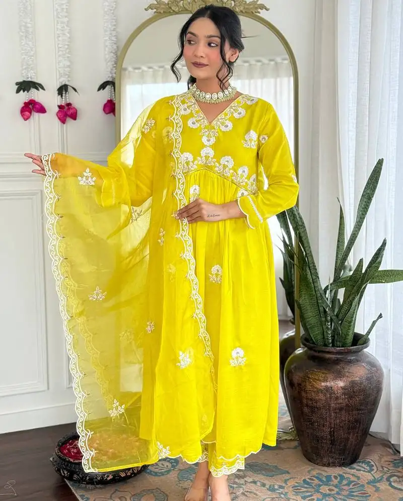 Lemon vichitra silk heavy thread embroidery work kurta pant set