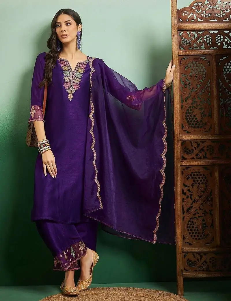 Purple silk blend heavy thread embroidery work kurta pant set