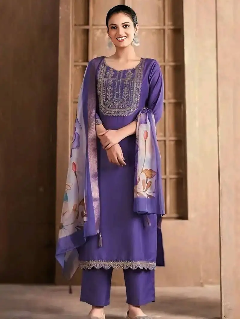 Lavender rayon slub heavy thread embroidery work with printed dupatta kurta pant set
