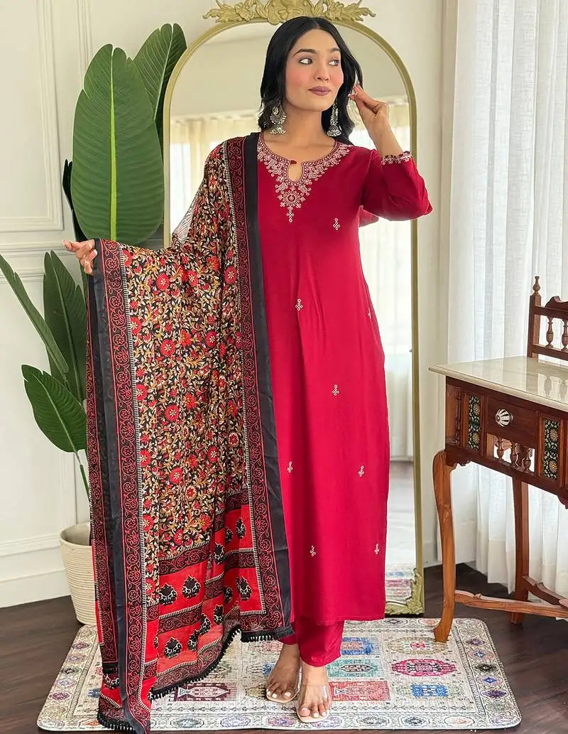 Dark pink pure viscose rayon heavy thread embroidery work with printed dupatta kurta pant set