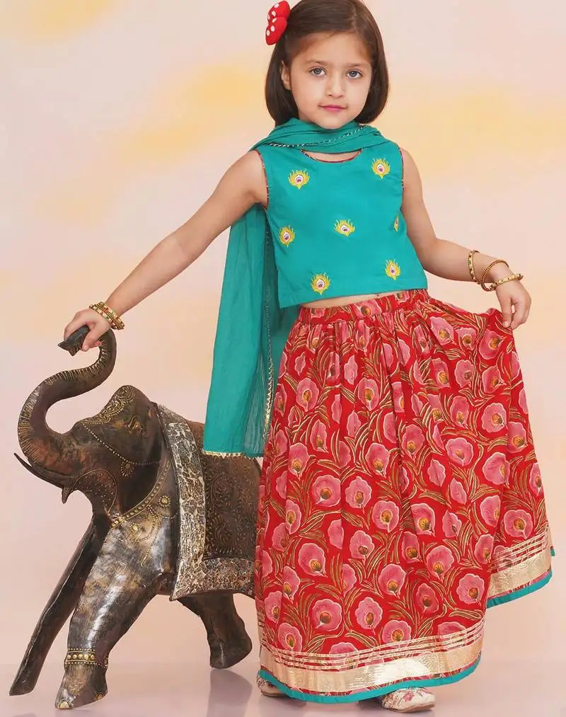 Green-red embroidered cotton choli & lehenga set for girls