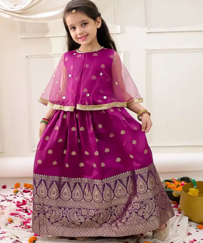 Purple embroidered jacquard silk gown pattu for girls