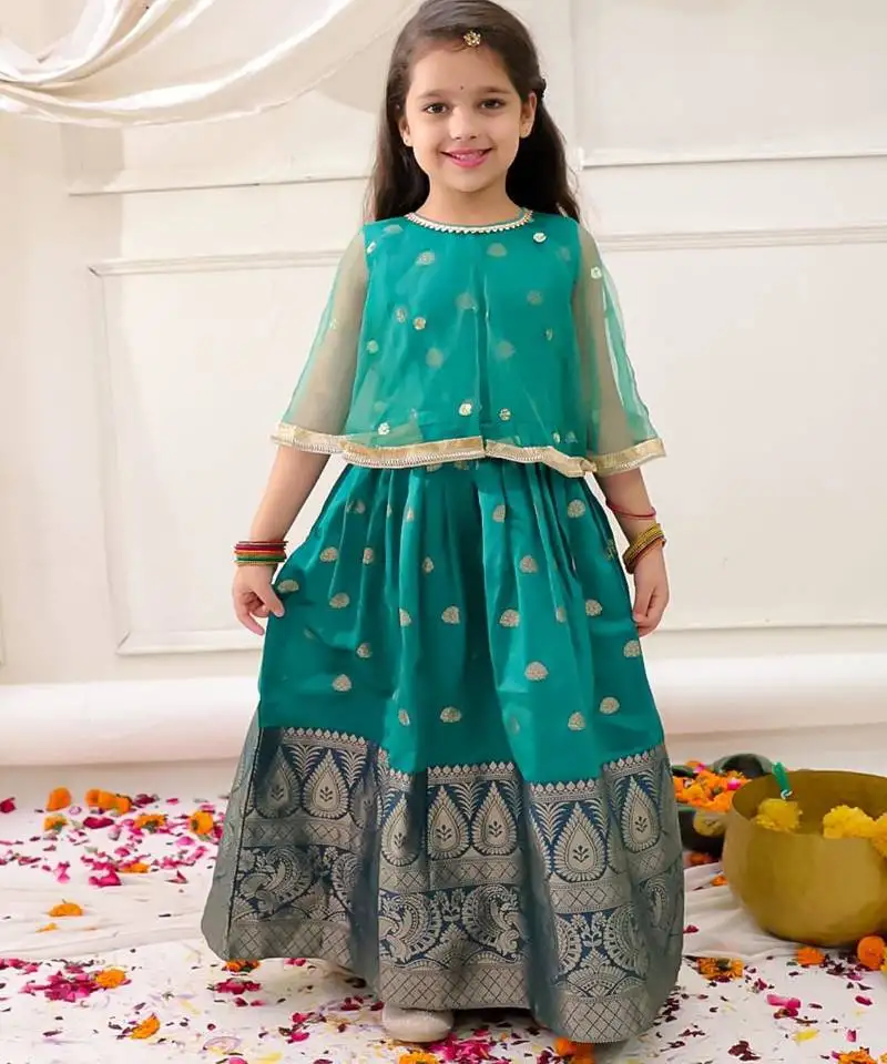 Green embroidered jacquard silk gown pattu for girls