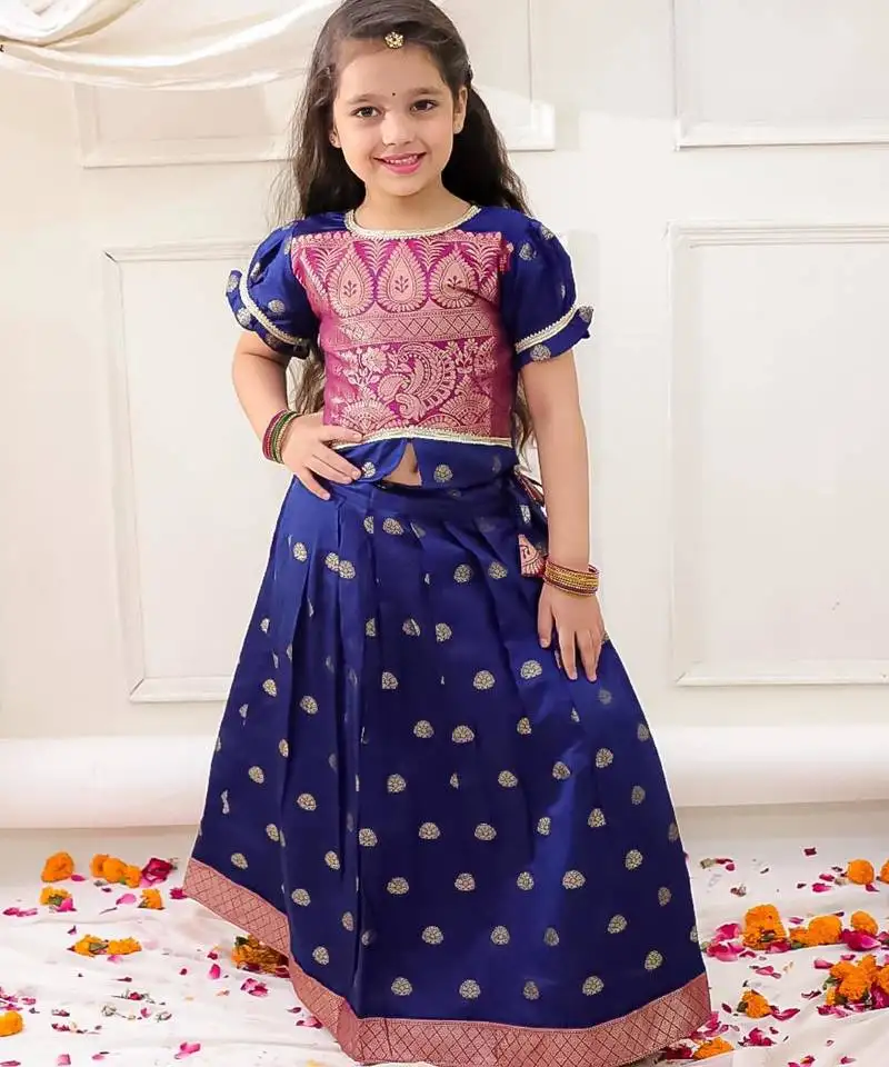 Navy woven jacquard silk lehenga choli set for girls