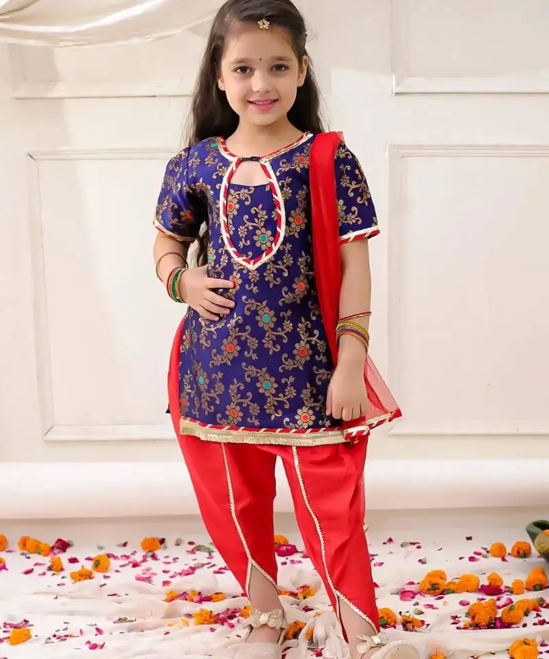 Navy woven jacquard silk kurti dhoti with dupatta set for girls