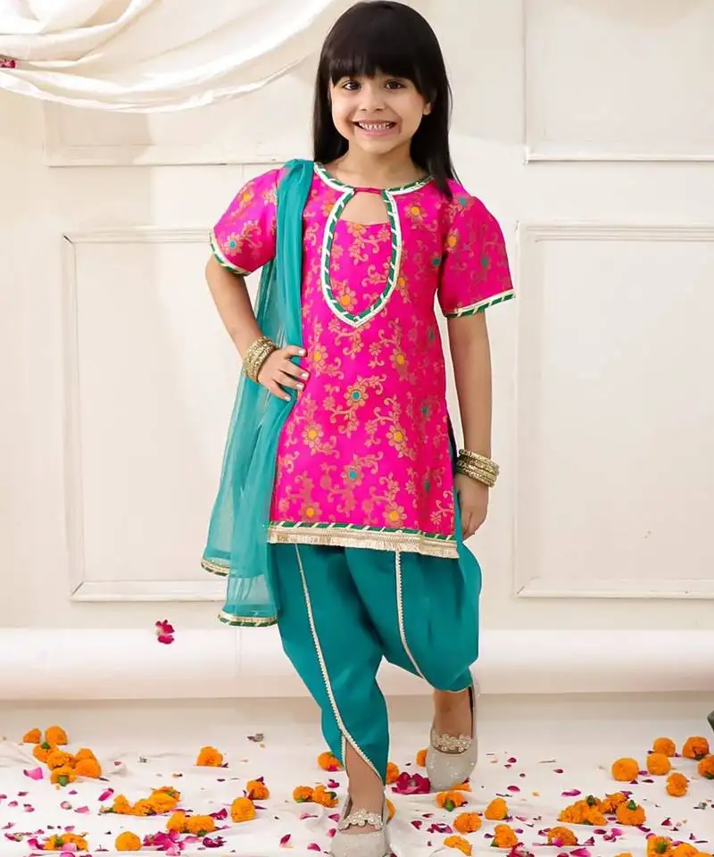 Pink woven jacquard silk kurti dhoti with dupatta set for girls
