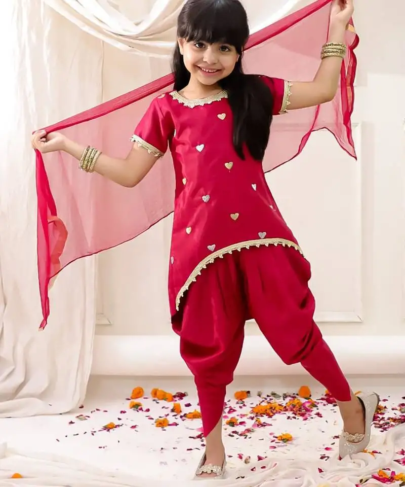 Pink embroidered silk kurti dhoti with dupatta set for girls