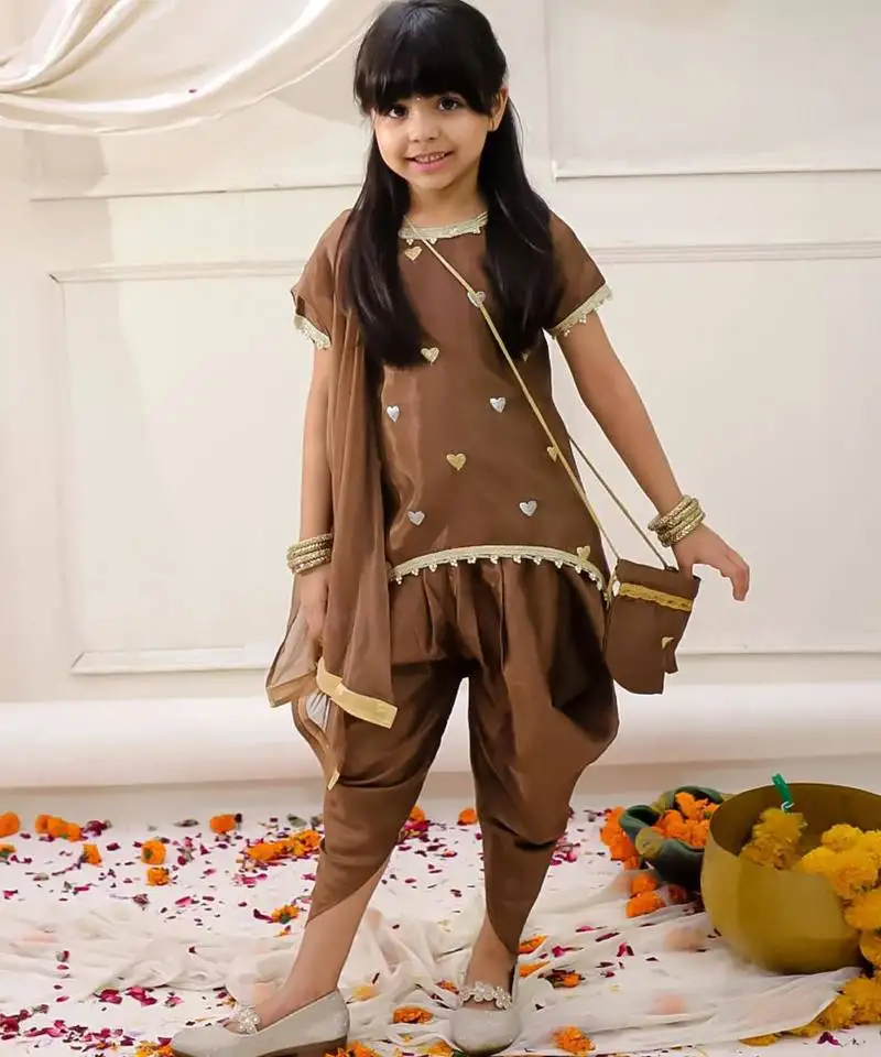 Brown embroidered silk kurti dhoti with dupatta set for girls
