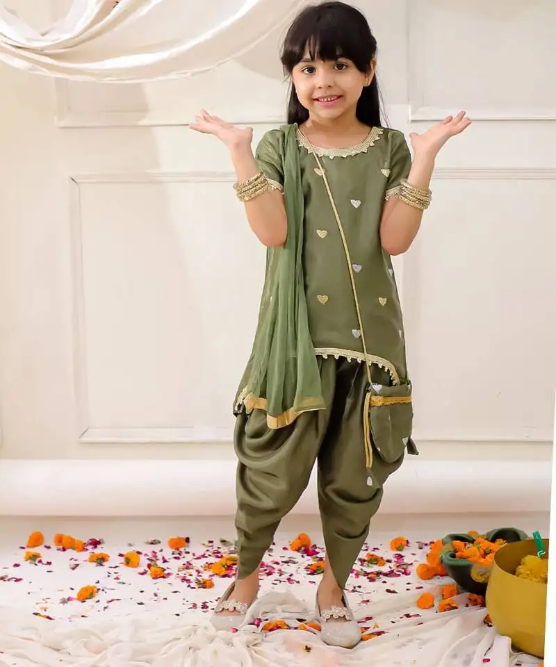 Green embroidered silk kurti dhoti with dupatta set for girls
