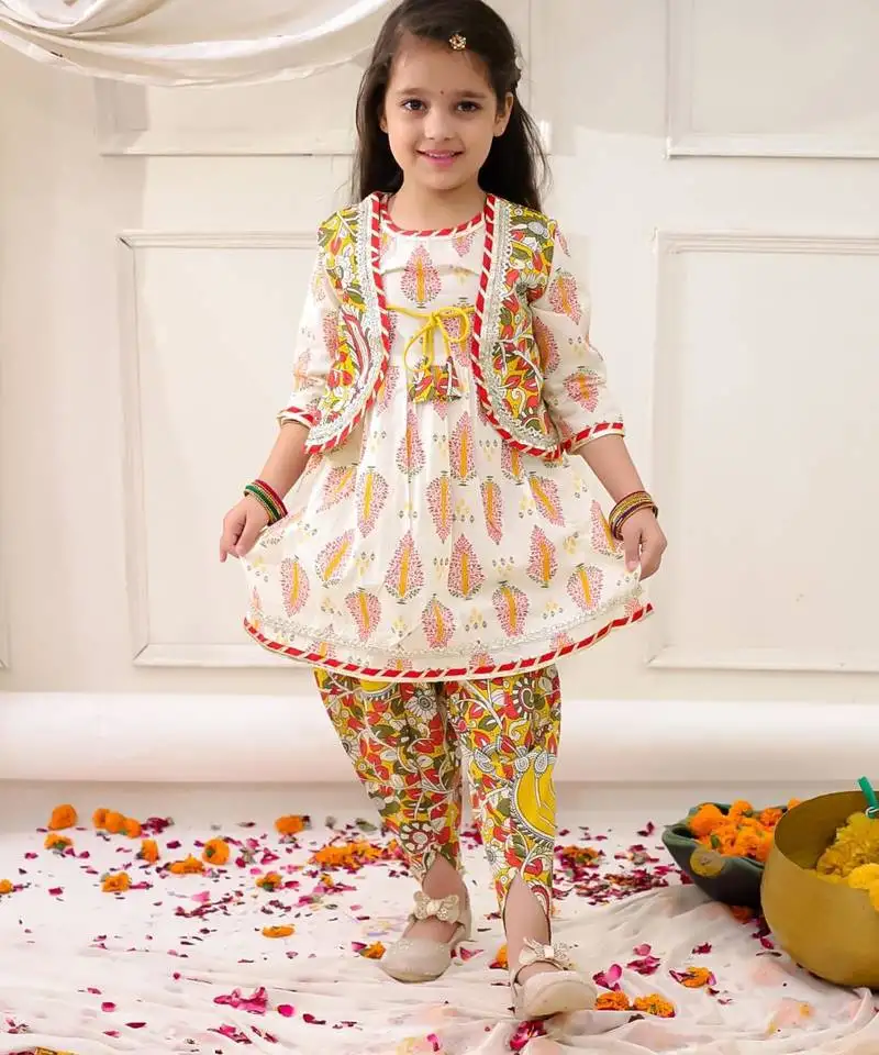 Yellow printed cotton kurti dhoti with jacket set for girls
