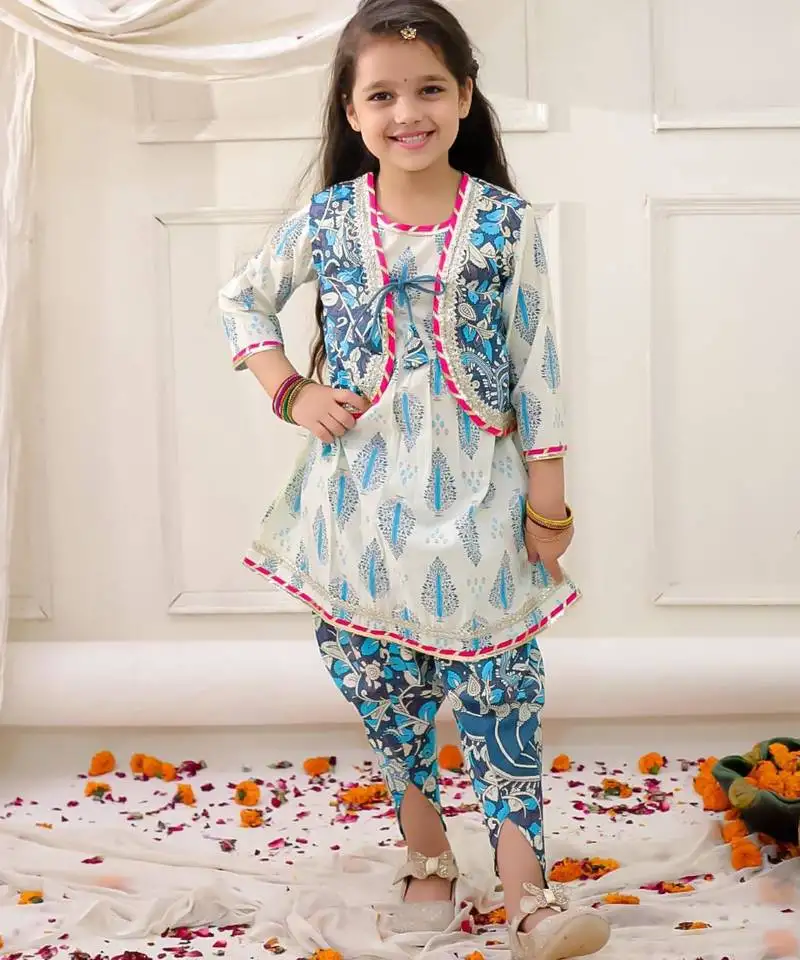 Blue printed cotton kurti dhoti with jacket set for girls