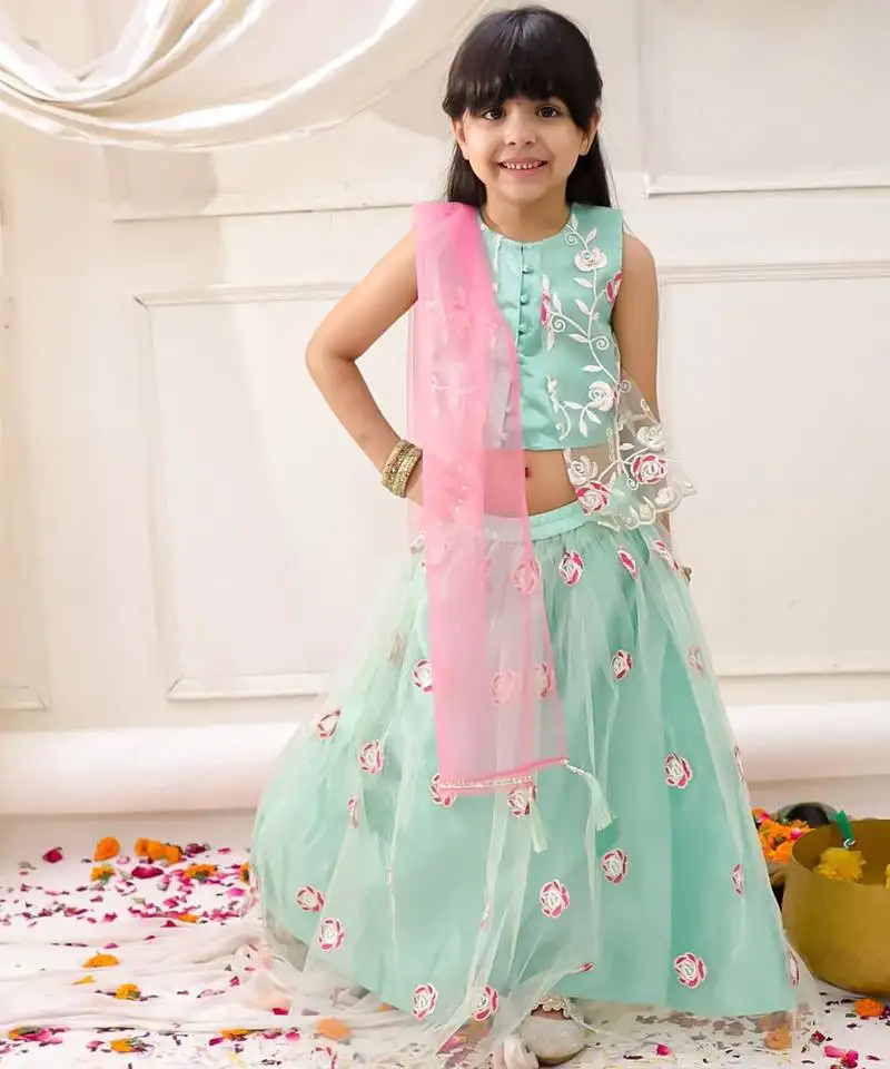 Green embroidered net lehenga choli with dupatta set for girls