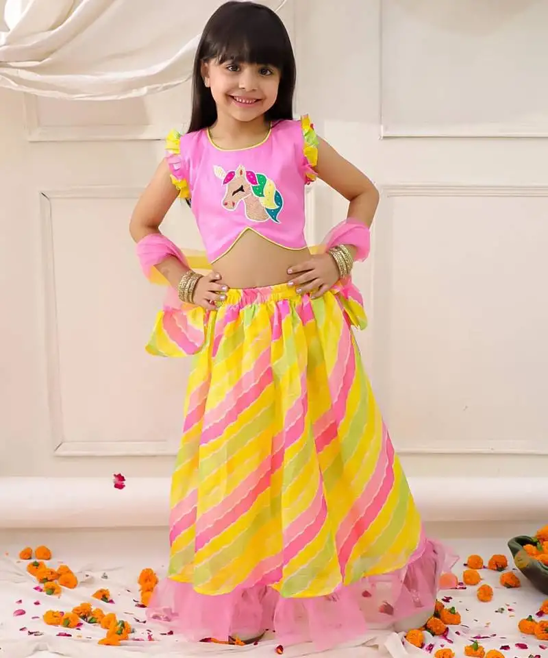 Pink embroidered silk lehenga choli with dupatta set for girls