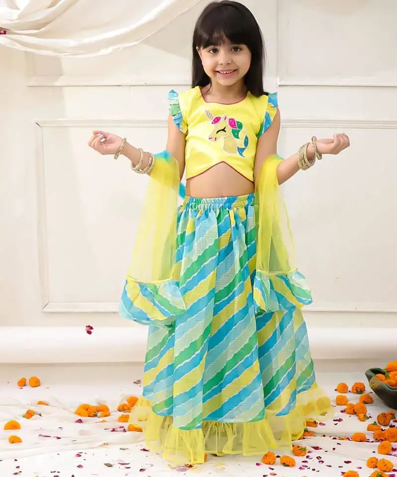 Yellow embroidered silk lehenga choli with dupatta set for girls