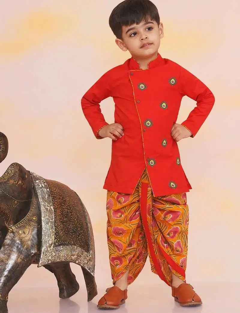 Orange embroidered cotton kurta dhoti set for boys