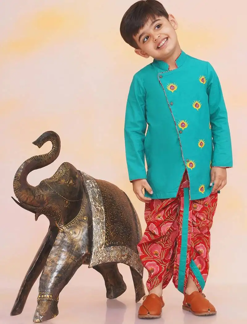 Green-red embroidered cotton kurta dhoti set for boys