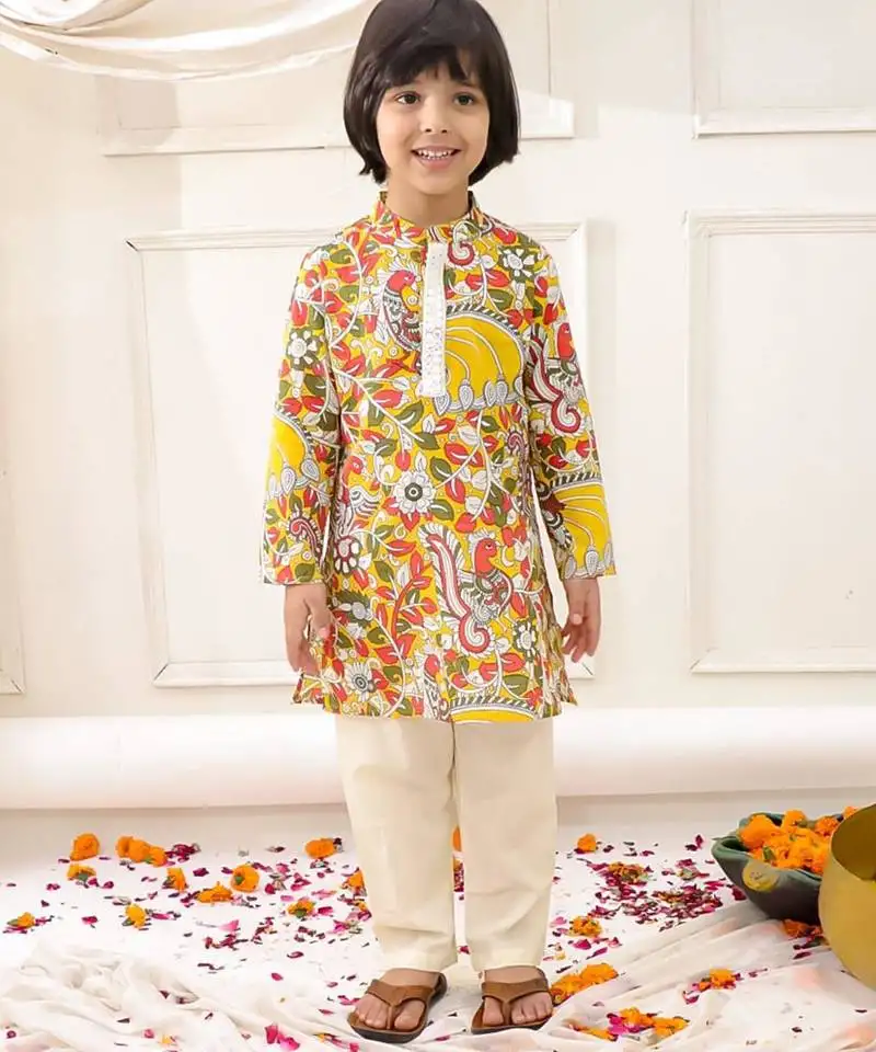Yellow printed cotton kurta pyjama set for boys