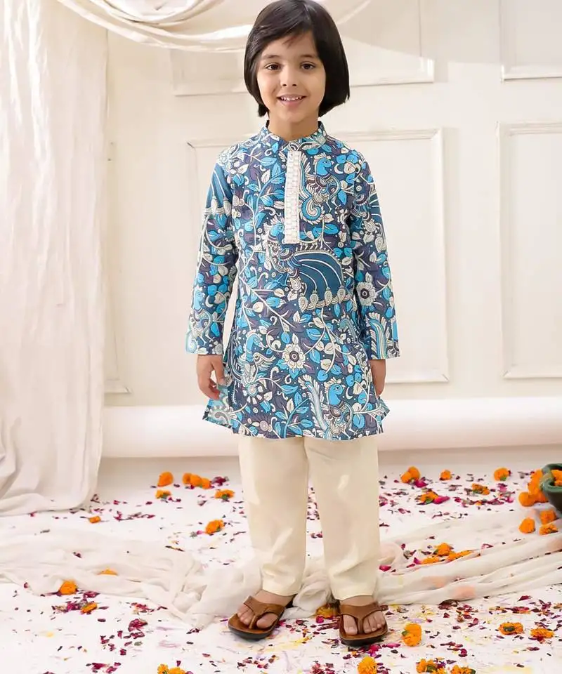 Blue printed cotton kurta pyjama set for boys
