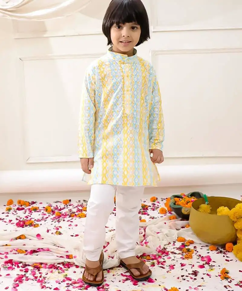Yellow embroidered cotton thread kurta pajama set for boy