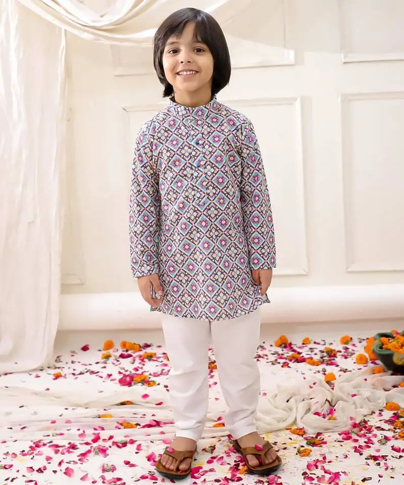 Multi embroidered cotton thread kurta pajama set for boy