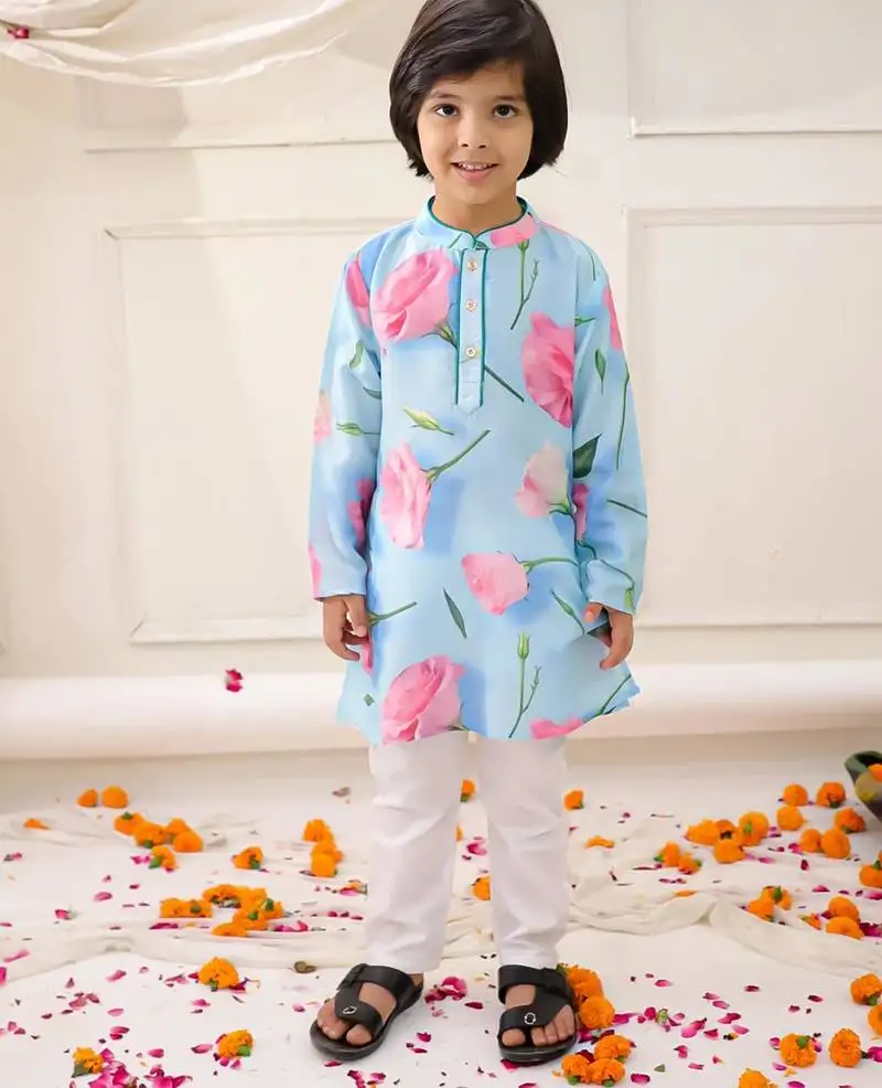 Blue printed silk floral kurta pyjama set for boys