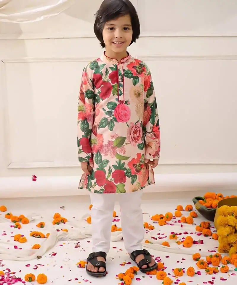 Peach printed silk floral kurta pyjama set for boys