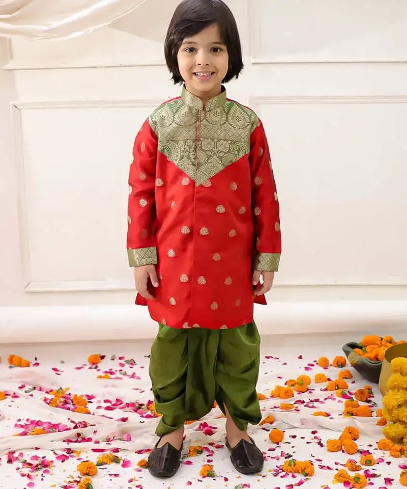 Red woven jacquard silk kurta dhoti set for boys