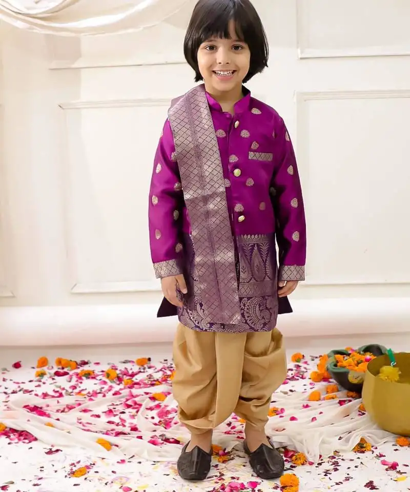 Purple woven jacquard silk kurta dhoti with scarve set for boys