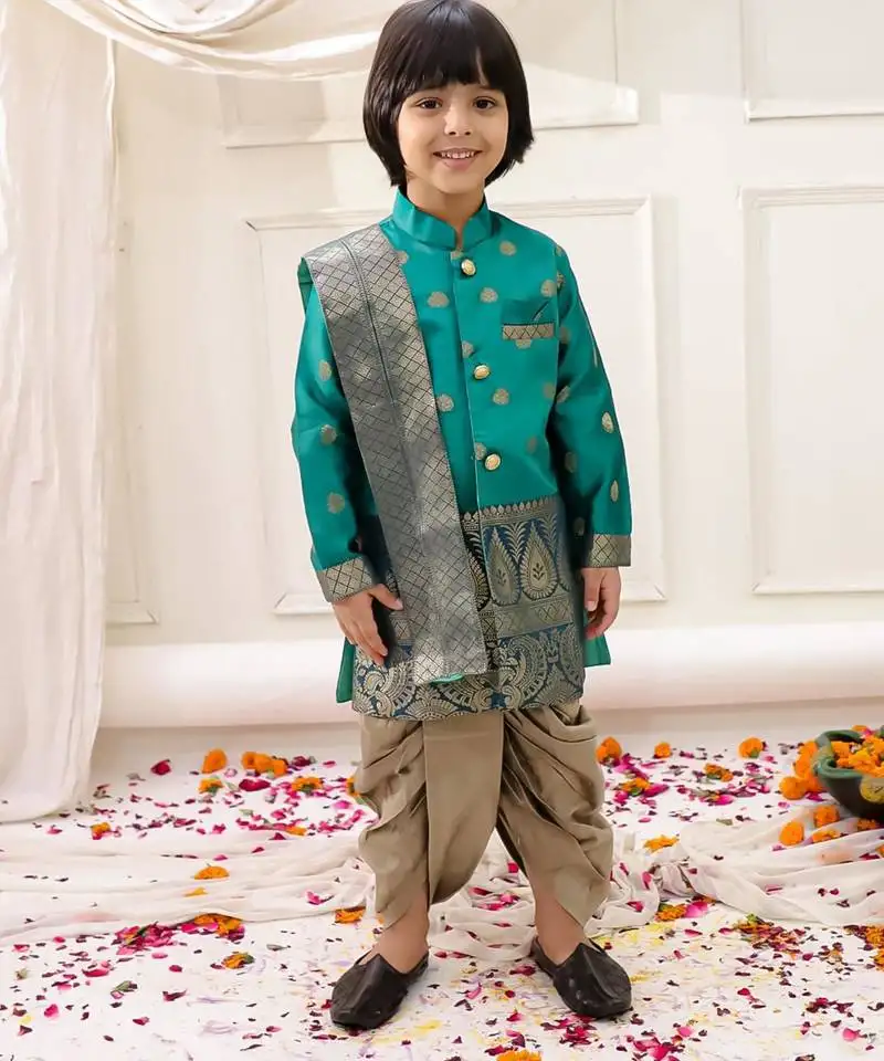 Green woven jacquard silk kurta dhoti with scarve set for boys