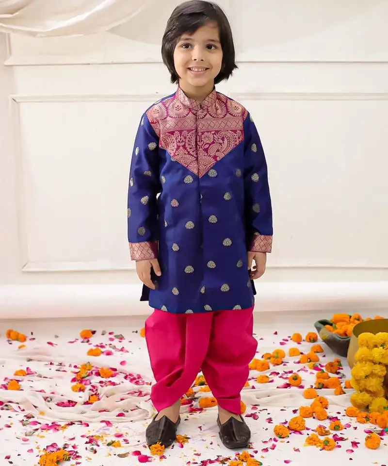 Navy woven jacquard silk kurta dhoti set for boys