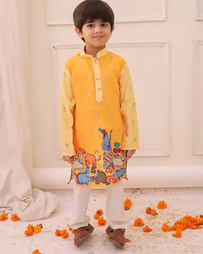 Yellow printed silk kurta pyjama set for boys