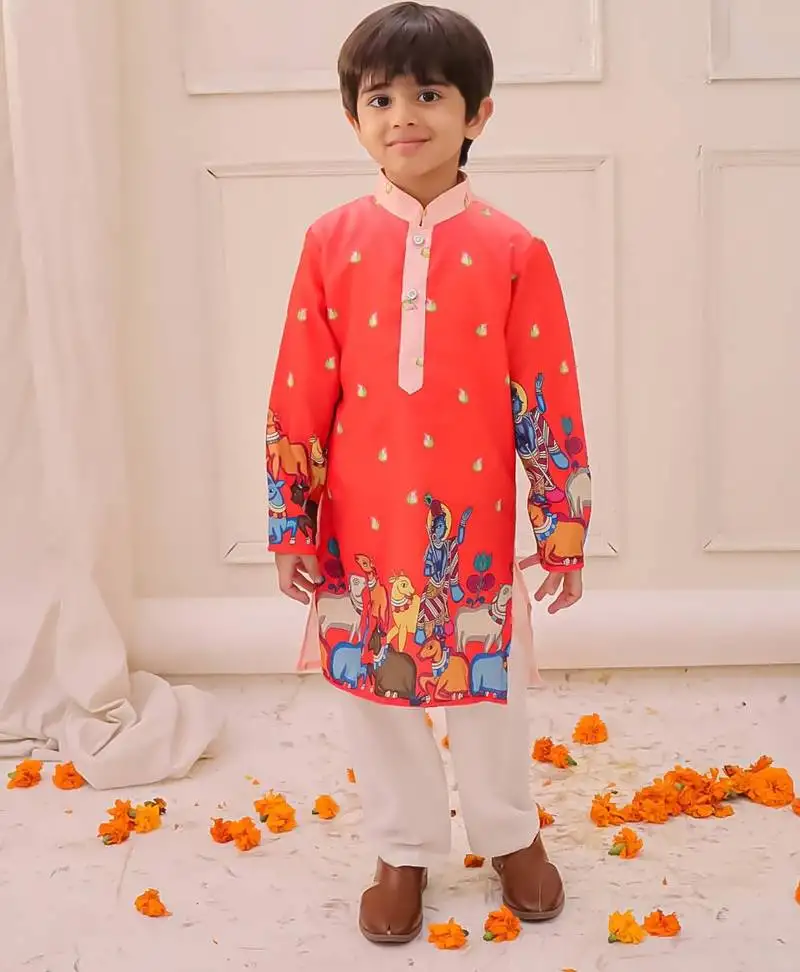 Orange printed silk kurta pyjama set for boys