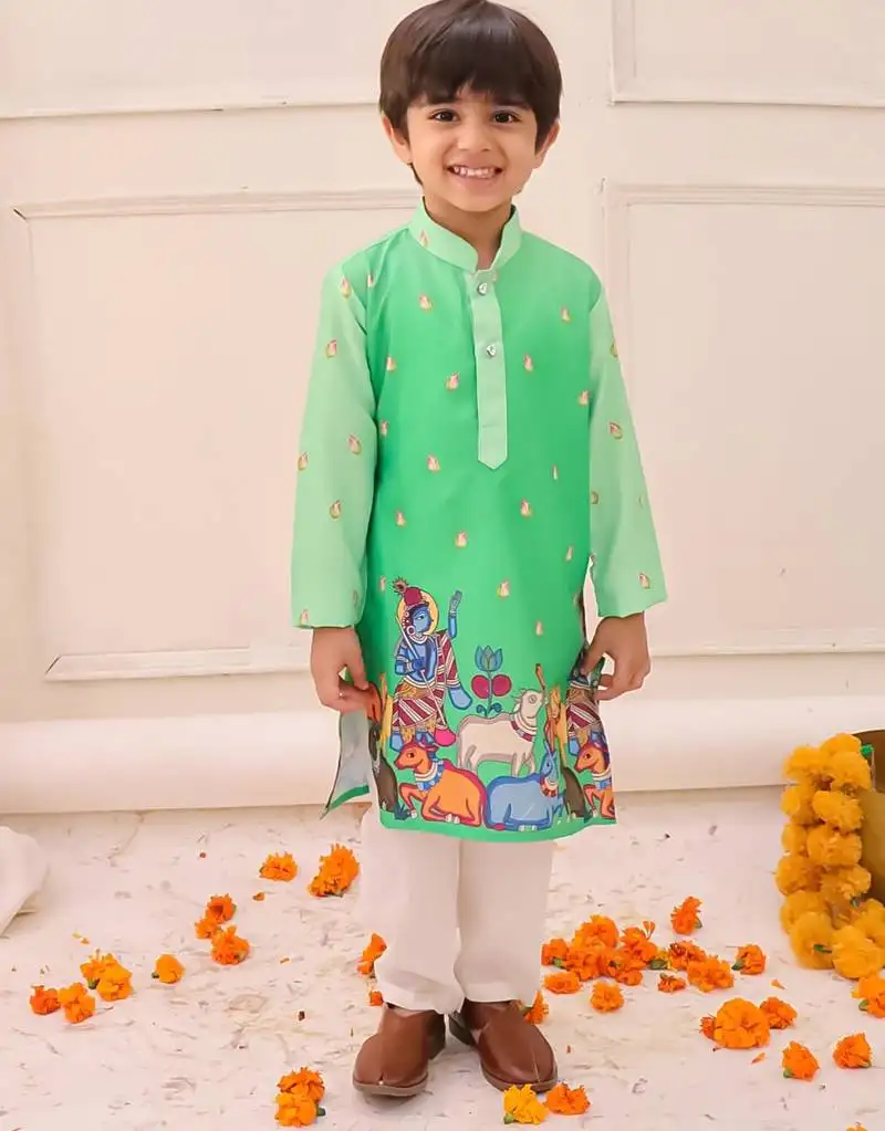 Green printed silk kurta pyjama set for boys