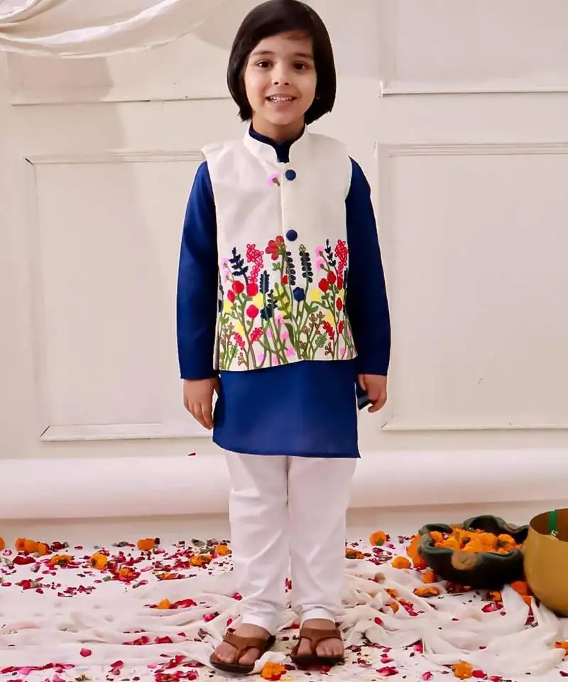 White-blue embroidered cotton kurta pyjama with jecket set for boys