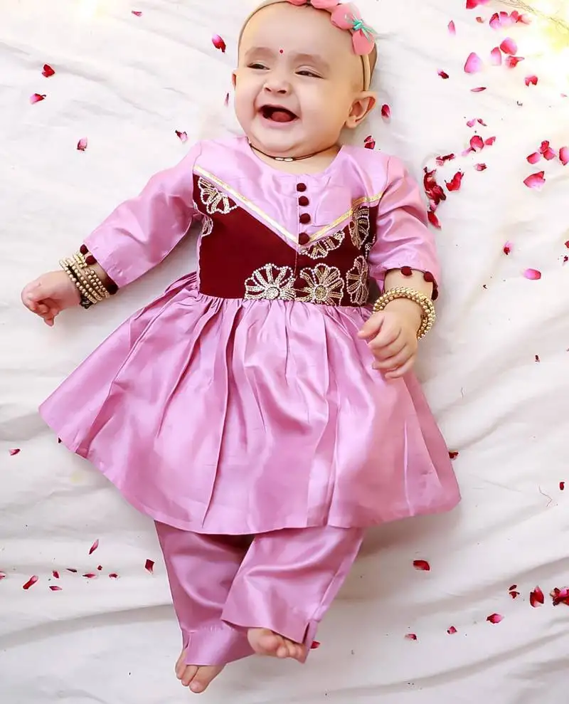 Purple embroidered silk flower kurti pent set for girls