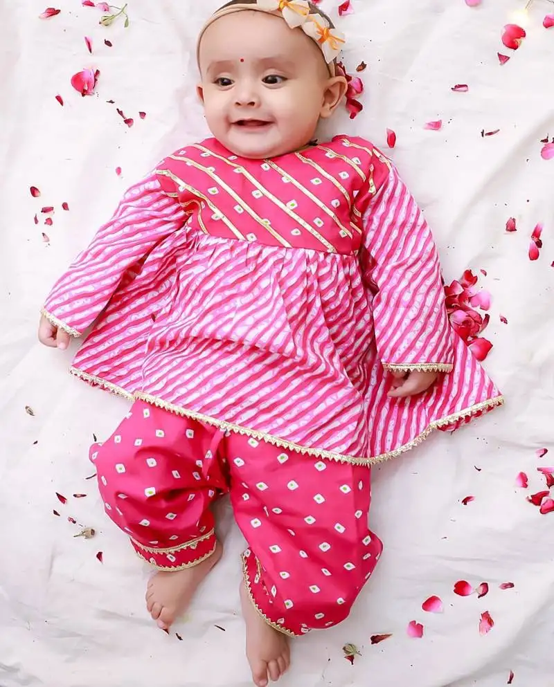 Pink printed cotton top with pant set for girls