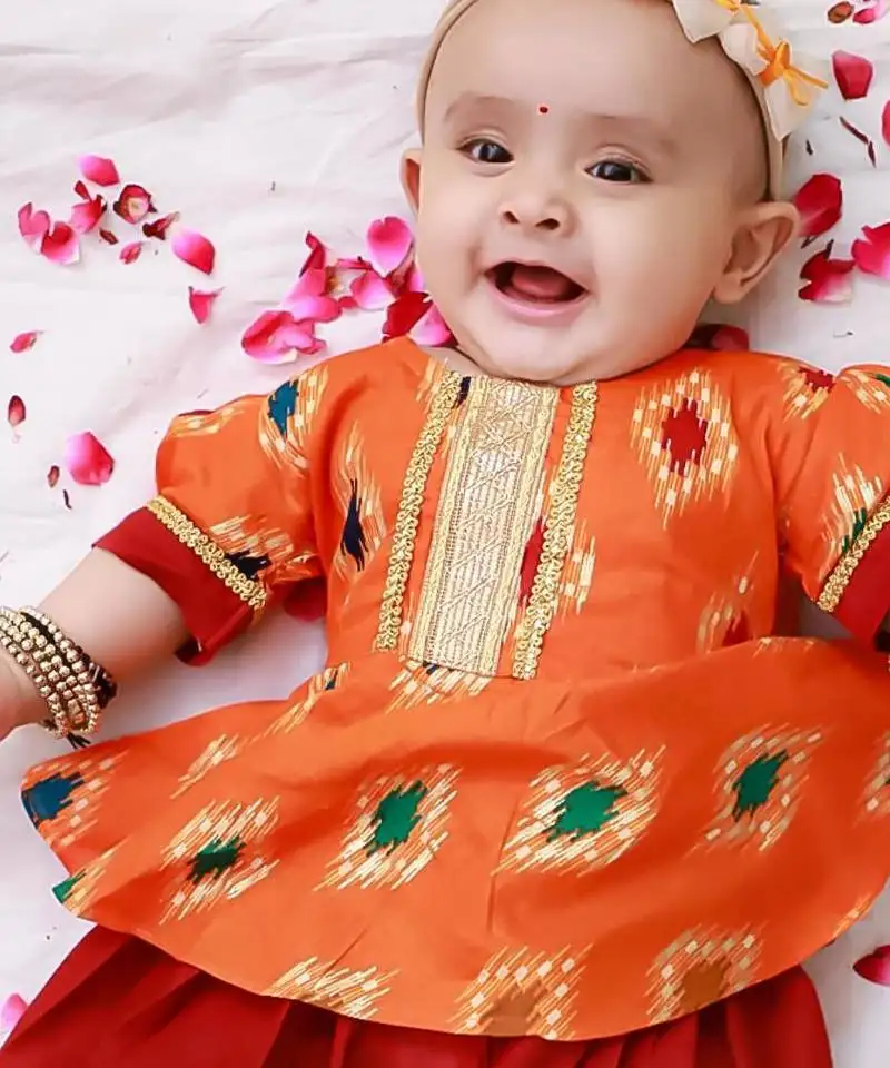 Orange foli printed cotton top with salwar set for girls