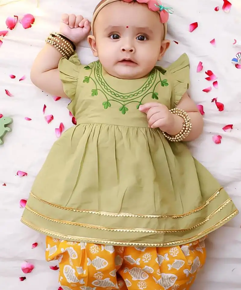 Green embroidered cotton kurti dhoti set for girls