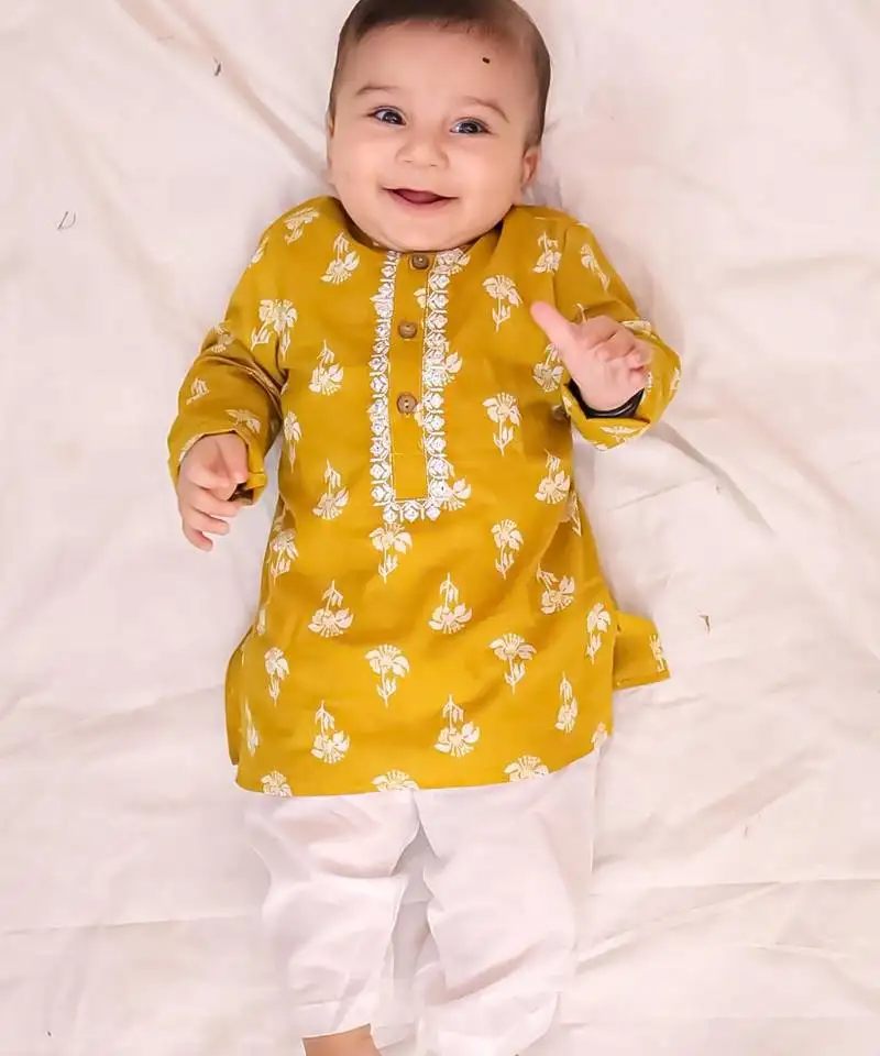 Mustard embroidered cotton threads kurta pyjama set for boys