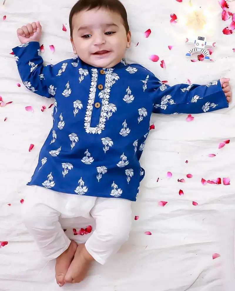 Blue embroidered cotton threads kurta pyjama set for boys