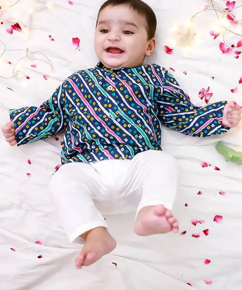 Blue-multi bandhani printed cotton kurta pyjama set for boys