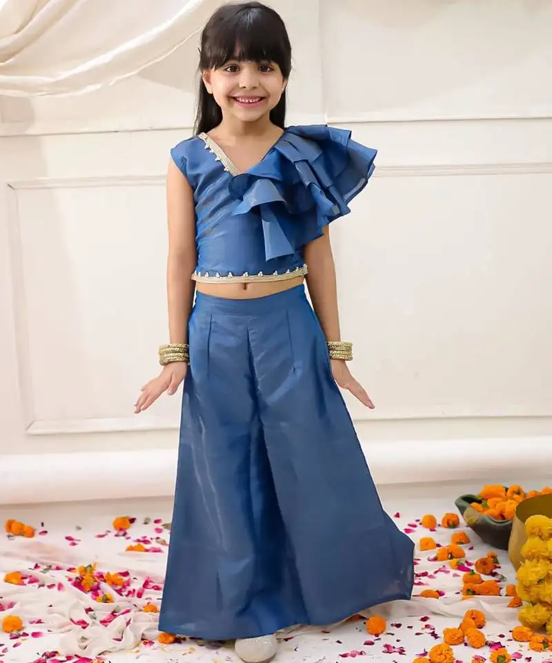 Blue solid gold silk top with palazzo set for girls