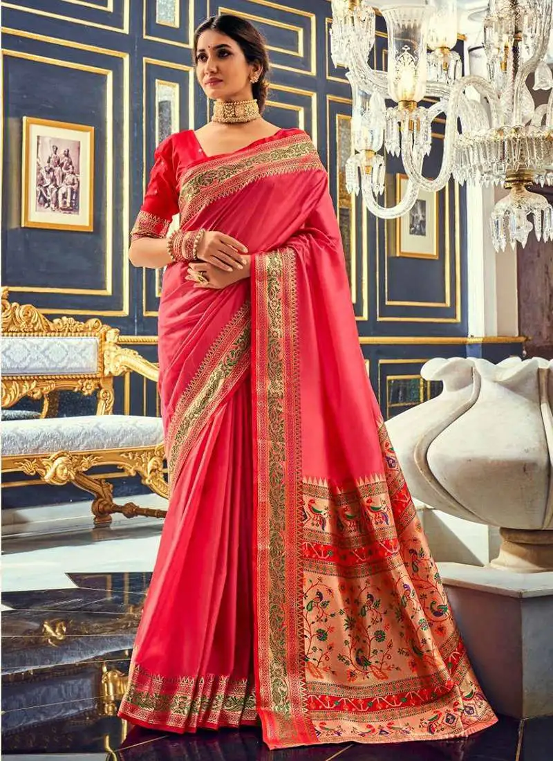 Dark pink soft silk party wear designer saree